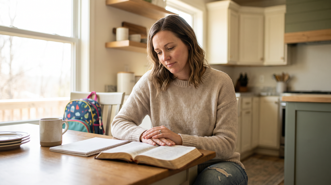 Woman reflecting with an open Bible at a kitchen table, illustrating finding rest for your soul in Matthew 11.