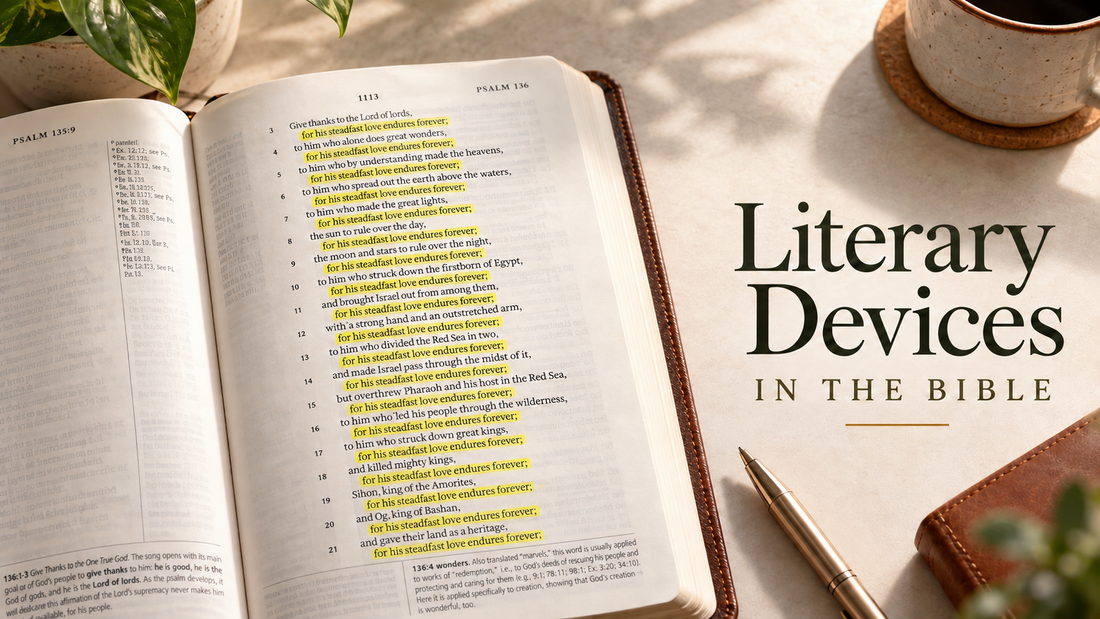 Open Bible highlighting repeated phrases with the words Literary Devices in the Bible