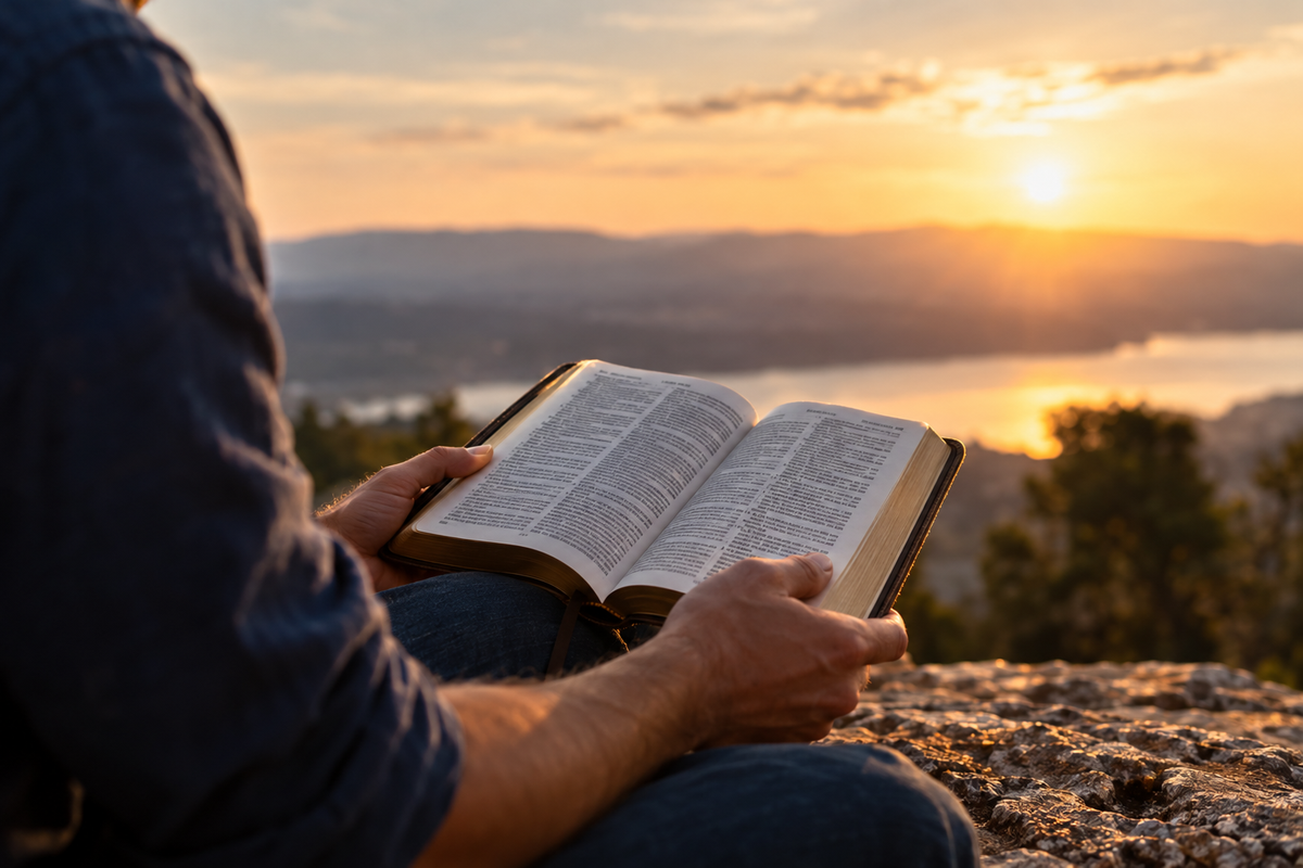 Person reading an open Bible overlooking a sunlit valley at sunset